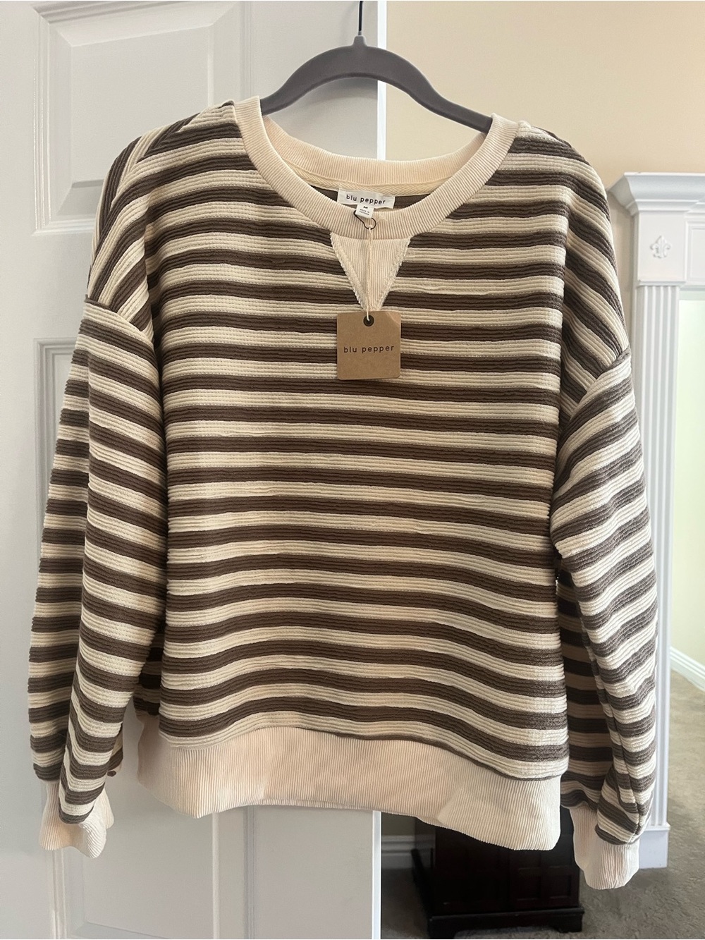 Blu Pepper Striped Crewneck Sweater in Cream and Brown
